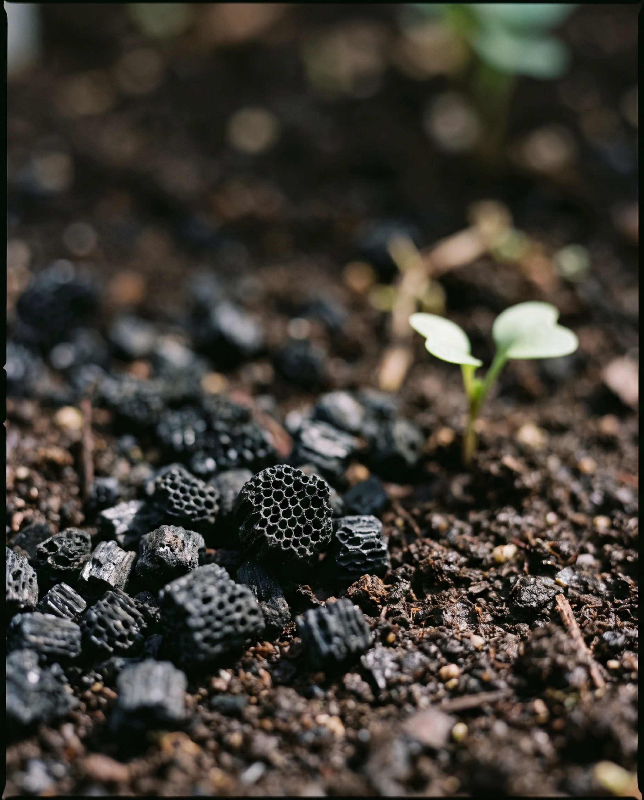 Macro photograph of porous biochar particles resting in dark soil beside living plant roots