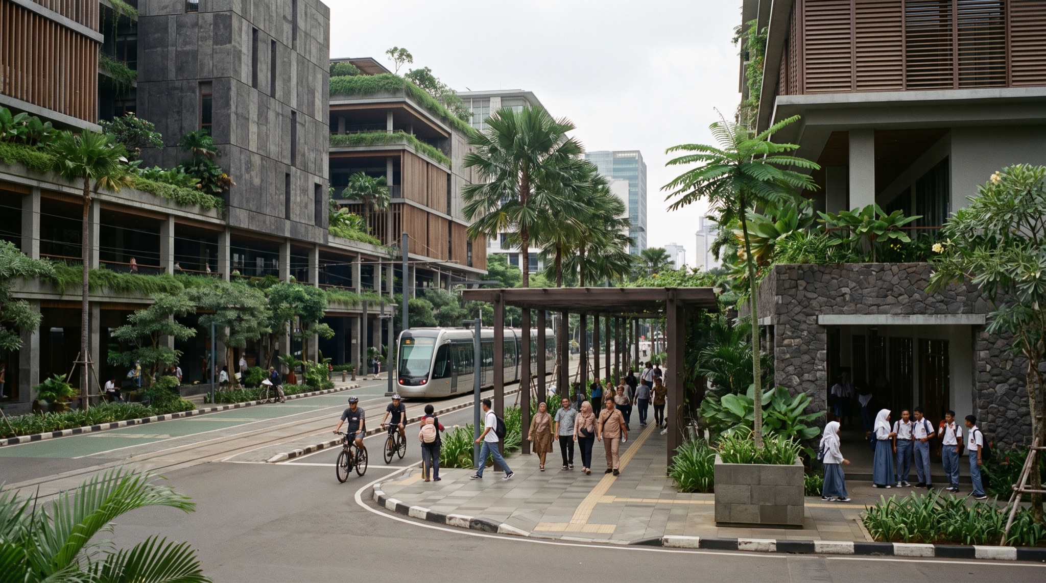 A modern tropical Indonesian city built with low-carbon materials, greenery woven between buildings in late-afternoon light