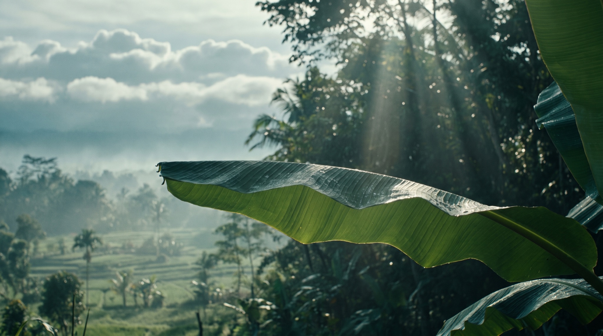 Sunlight passing through tropical leaves above an agricultural valley, suggesting photosynthesis and the natural carbon cycle