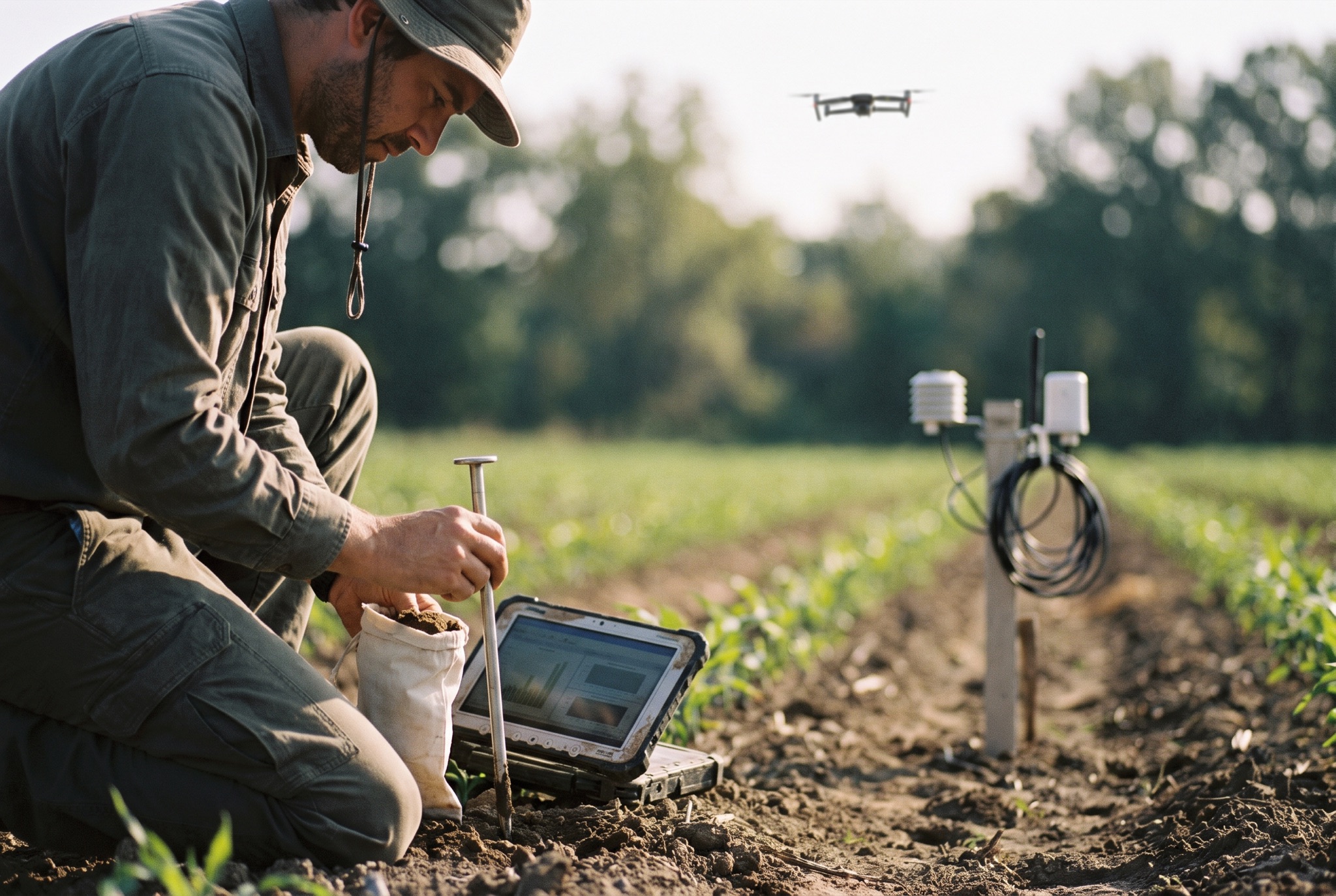 A field scientist sampling soil in rural Indonesia while sensors and a survey drone record environmental conditions