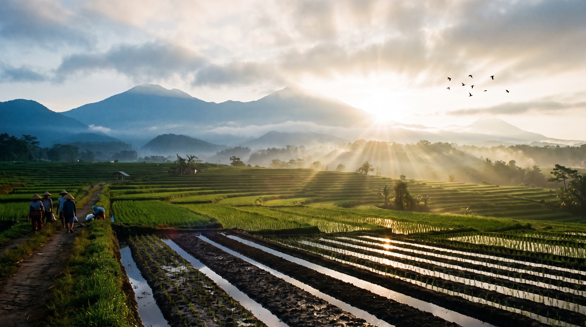 Sunrise breaking over Indonesian rice paddies and misty volcanic mountains, farmers walking the field path as birds cross the bright sky