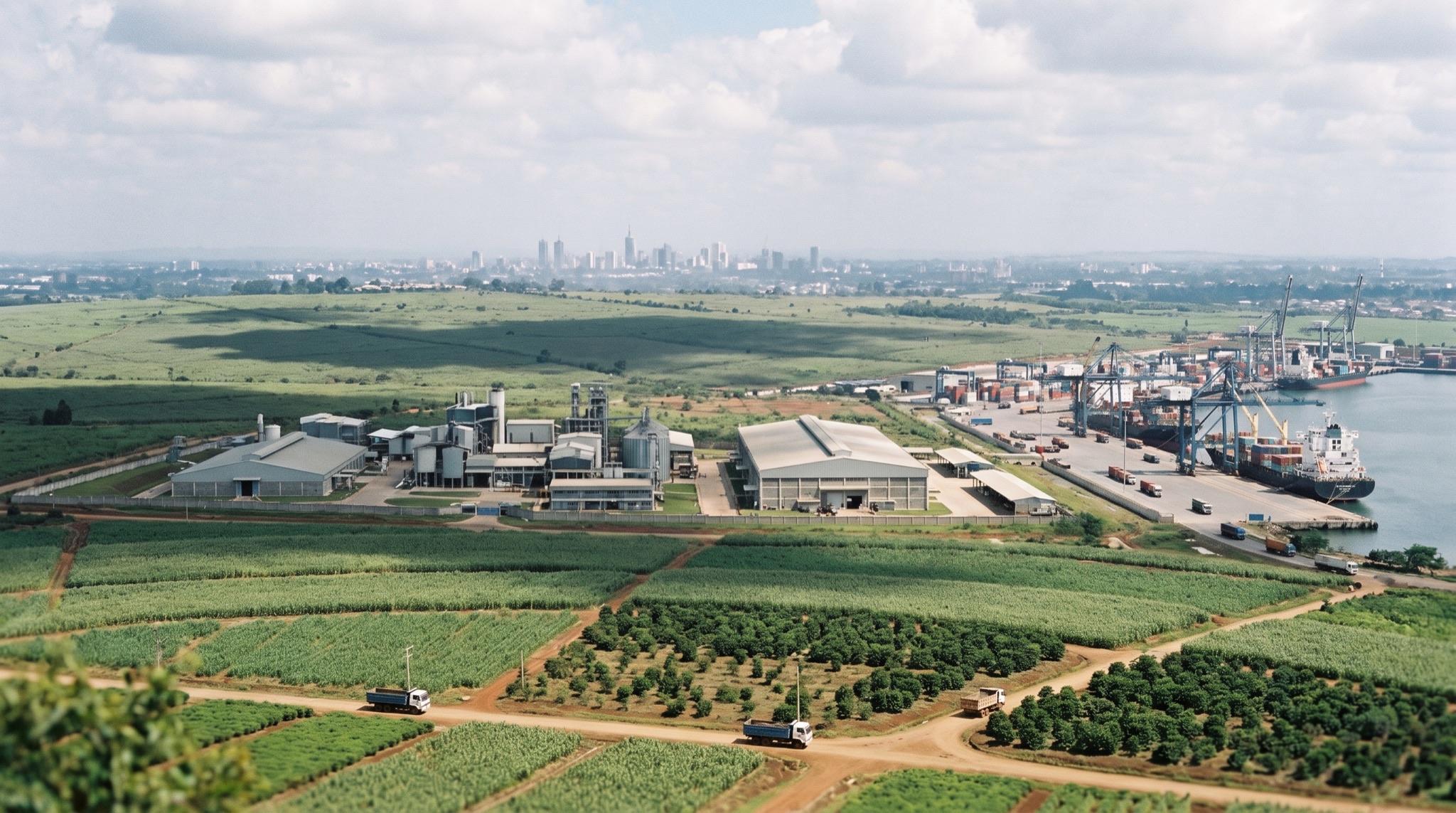 Terraced farms, an agro-industrial facility, a working port and a distant city skyline in one Indonesian panorama